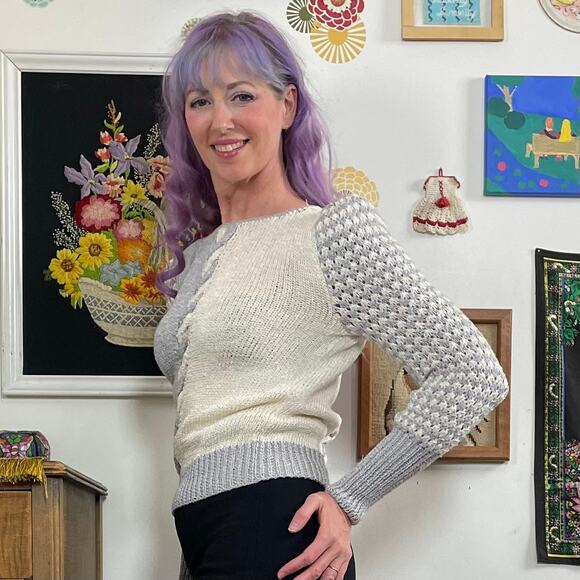 Vintage Gray & White Puff Sleeve Sweater, 1980s Cable Knit Nannell Boatneck Sz S - Picture 4 of 15